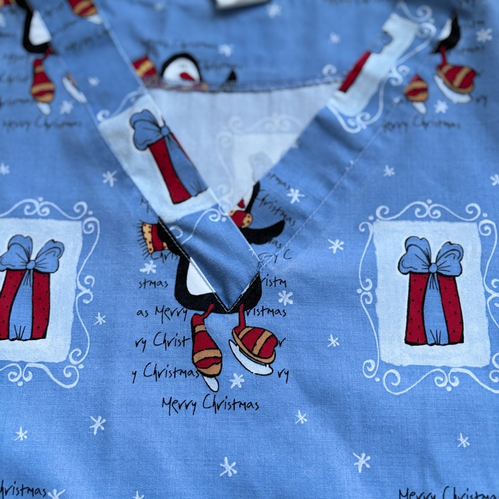 Uniform Advantage Light Blue Christmas Print Scrub Top